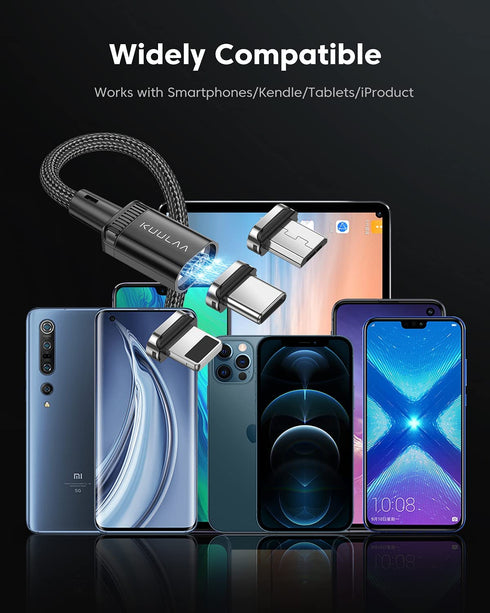 Kuulaa 3-Pack Magnetic Lightning Charging Cable, 3A Fast Charging, Nylon-Braided, 3-in-1 Tips, Compatible with All