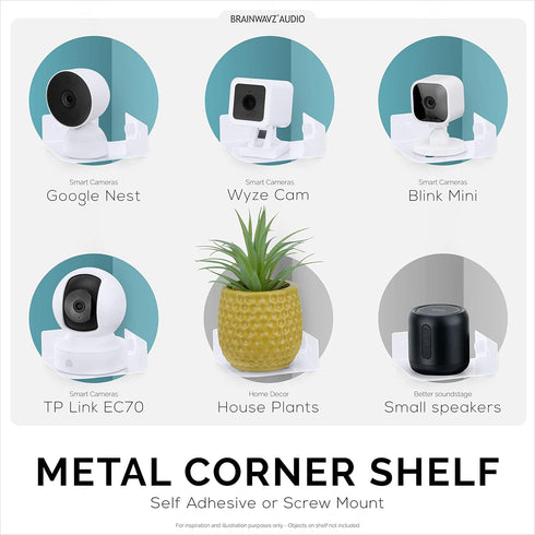 BRAINWAVZ Small Metal Corner Shelf for Security Cameras, Baby Monitors, Home Decor, Adhesive & Screw-in Mount