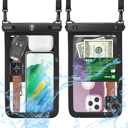 Tekcoo Large Capacity Waterproof Phone Case, IPX8 2-Pack Black Pouch for iPhone 15/14/13/12/11 Pro Max, Galaxy S24 Ultra