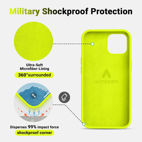 AOTESIER iPhone 12 & 12 Pro Case, Fluorescent Yellow, Silky Touch Premium Soft Liquid Silicone Anti-Fingerprint Cover