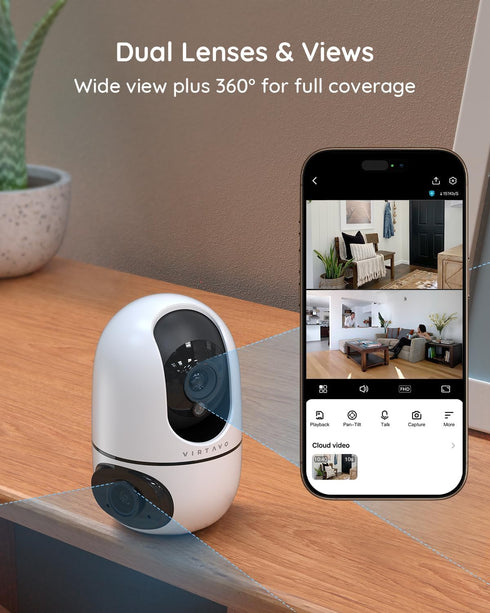VIRTAVO XD1 360 2-Way Indoor Security WiFi Camera, No Subscription Required, Dual-Lens PTZ Baby Monitor & Pet Cam