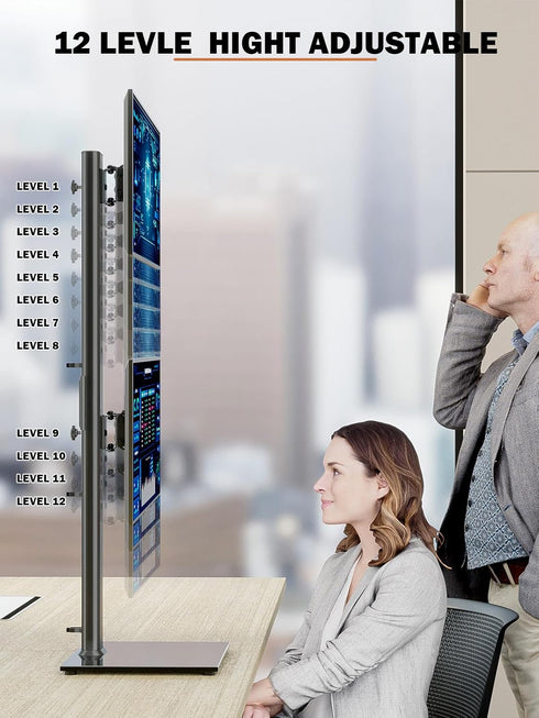 Dual Monitor Stand - Vertical Stack Screen Free-Standing Riser Fits Two 13 to 34 Inch Screens, Height Adjustable