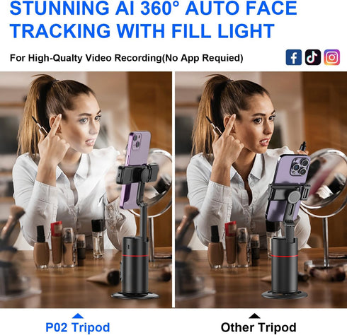 Auto Face Tracking Tripod, No App Required, Rechargeable Battery, 360° Rotation Phone Tracking Holder for Live Vlog