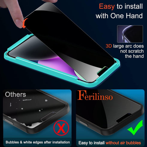 Ferilinso Privacy Screen Protector for iPhone 13/14 - 2 Pack, 9H Anti-Spy Tempered Glass & Camera Lens Protectors.