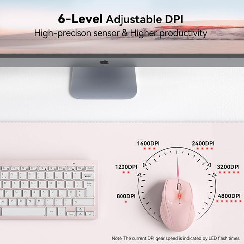 TECKNET Wireless Mouse, 2.4G USB Computer Mouse with 6-Level Adjustable 4800 DPI, Ergonomic Grips, Pink