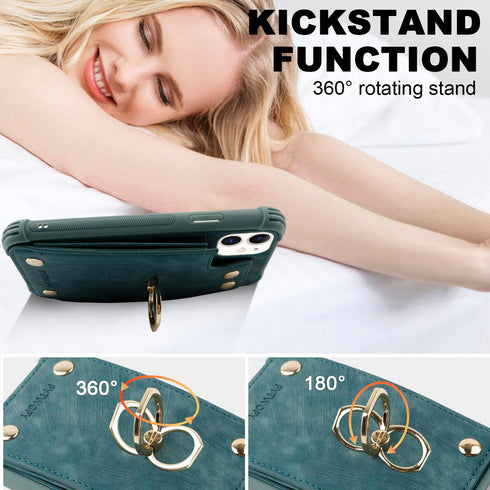 iPhone 11 Wallet Case with Credit Card Holder, Leather Shockproof Cover with 360° Rotation Ring Stand - Blue Green
