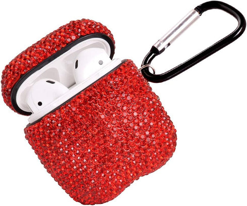 Sparkly Diamond Case for AirPods with Keychain, Shockproof Rhinestone Cover for Charging Case 1 & 2 (Red C1)