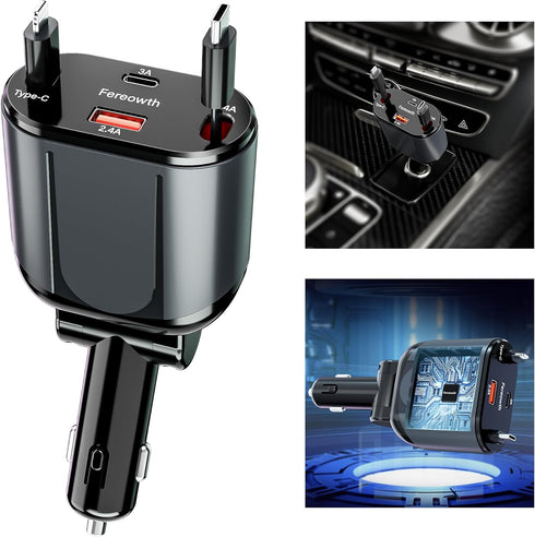 Retractable Car Charger 4 in 1 Fast Phone Charger Adapter PD 63W with 31.5 inch Cables and 2 USB Ports, Compatible with
