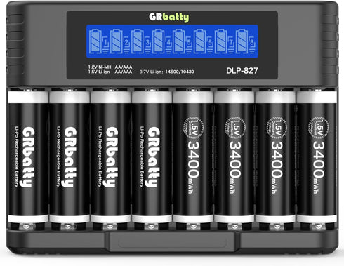 GRbatty Rechargeable Lithium AA Batteries with Charger, 3400mWh 1.5V High Capacity, 1500 Cycles,