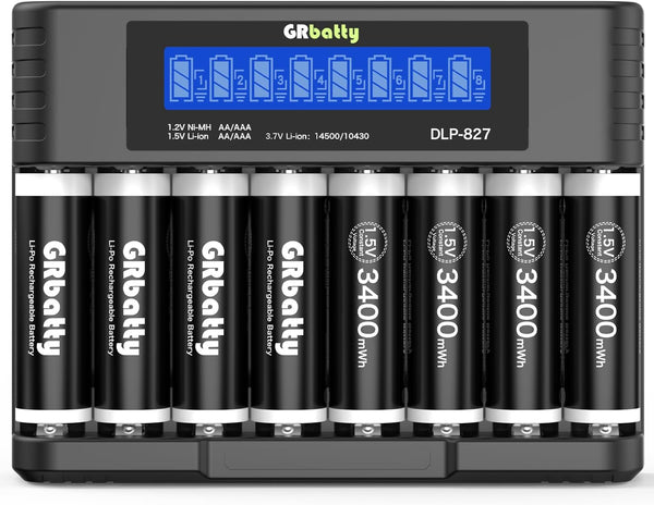 GRbatty Rechargeable Lithium AA Batteries with Charger, 3400mWh 1.5V High Capacity, 1500 Cycles,