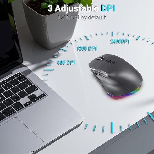 Ergonomic Bluetooth Vertical Wireless Mouse, LED Rechargeable Optical Mice, Dual Mode 1000/1600/2400 DPI, 8 Buttons