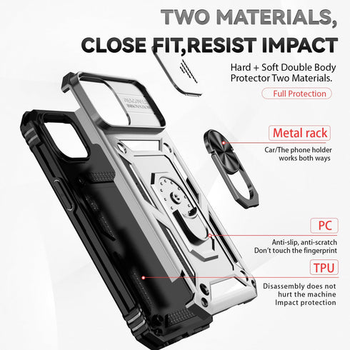 Hitaoyou iPhone 15 Case with Camera Cover & Kickstand, Military Grade Shockproof Heavy Duty Protective Case, Silver