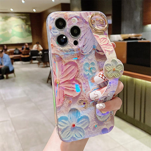 Siduater Hand Strap Holder Case for iPhone 13 Pro Max 6.7" with Kickstand, Adjustable Grip Loop, Floral Pink