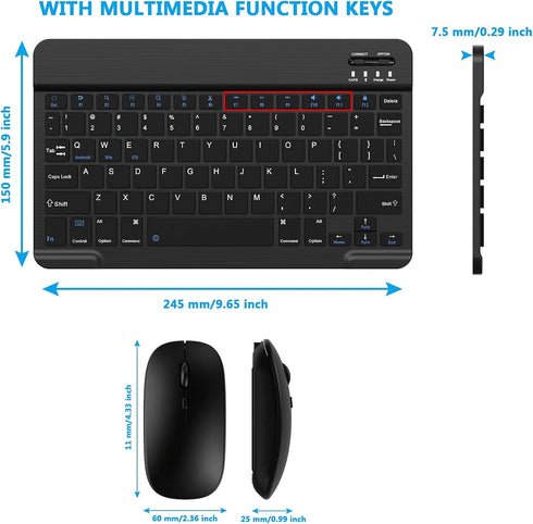 Ultra-Slim Small Bluetooth Keyboard and Mouse Combo, Portable Rechargeable Wireless Keyboard for Android Tablet, Black