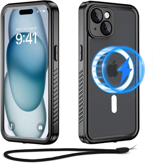 iPhone 15 Magnetic Case Waterproof with Built-in Screen Protector, Heavy Duty Dustproof Full Body Cover, Black 6.1 Inch