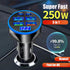 Super Fast Charge USB C Car Phone Charger Adapter, 6 in 1 with Voltage Display, 250W Multi Port Cigarette Lighter for