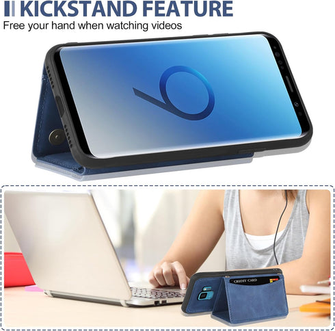 Asuwish Samsung Galaxy S9 Wallet Case with Tempered Glass, PU Leather, Credit Card Holder, Rugged Stand, Blue.