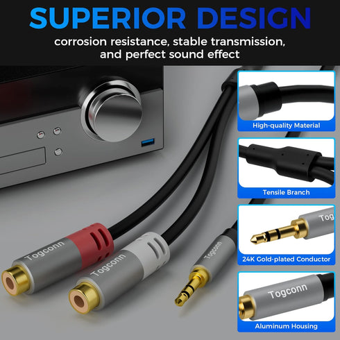 AUX to 2 RCA Y Splitter Cable, 3.5mm Male to 2RCA Female Stereo Audio Adapter, Hi-Fi Sound Cord for iPhone, Tablet,