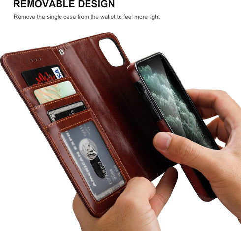Bocasal iPhone 11 Wallet Case, PU Leather Magnetic Detachable Kickstand, Shockproof Flip Cover with Card Holder (Brown)