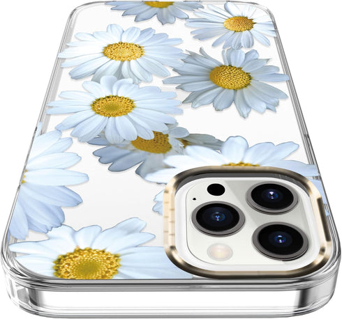 BAISRKE Clear Floral Pattern Case for iPhone 13 Pro, Shockproof Hard Back Cover for Girly Women, 6.1 inch, Daisies