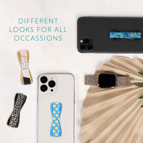 LOVEHANDLE Universal Phone Grip, Happy Daisy Design, Elastic Strap with Blue Base for Smartphones and Tablets