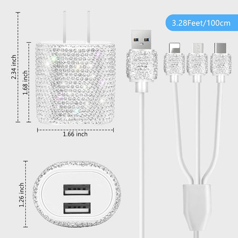 Bling USB Wall Charger with Charging Cable - Fast Block for iPhone Android, 3 in 1 Multi Cable with Crystal Decoration