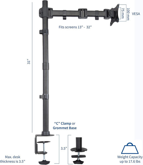 VIVO Single Monitor Desk Mount, Extra Tall Adjustable Stand for 1 LCD Screen up to 32 inches, 22 lbs Capacity