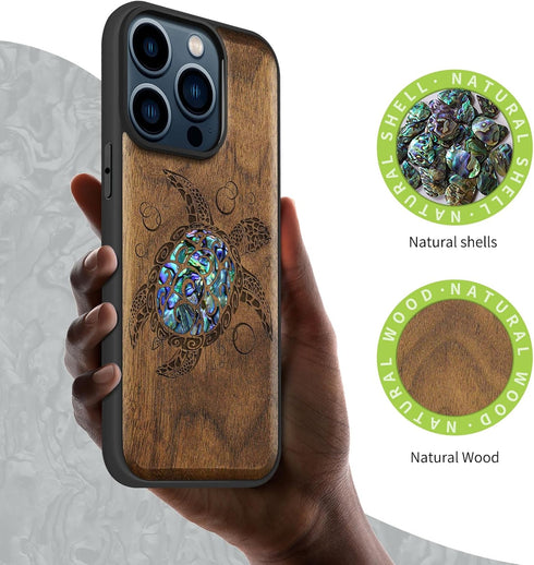 Carveit Designer Wooden Protective Case for iPhone 15 Pro, Magnetic Cover with Wood Engraving - Sea Turtle-Walnut