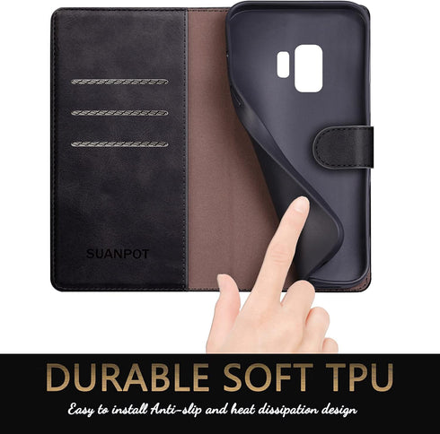SUANPOT Leather Wallet Case for Samsung Galaxy S9 5.8" (Non S9+) - RFID Blocking Credit Card Holder, Shockproof Flip