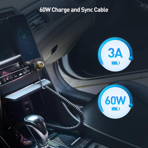 Cable Matters Coiled USB C to USB C Cable, 3A / 60W Fast Charging, Support Apple CarPlay, for iPhone 15/15 Pro