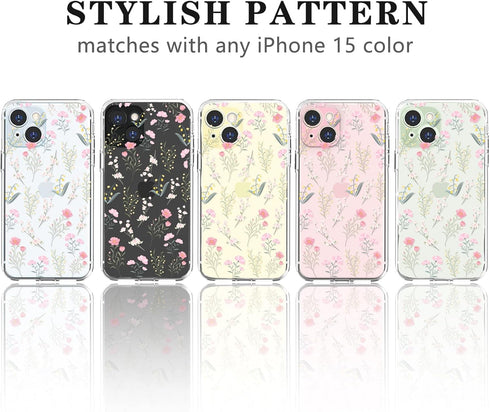 iPhone 15 Case Clear with Cute Color Flower Floral Leaf Design, Soft TPU Shockproof Protective Cover