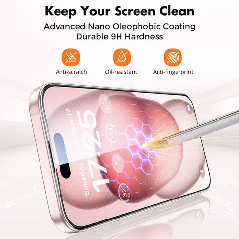 UNBREAKcable iPhone 15 Screen Protector 3-Pack, Shatterproof Tempered Glass, 9H Hardness, Easy Install, Full Coverage.