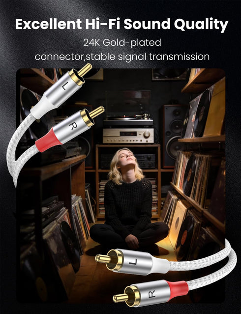 2RCA 2RCA 3.28ft/1M, 24K MOSWAG Male to Male Stereo Auxiliary Audio Cable Subwoofer Cable Gold Plated Nylon Braided