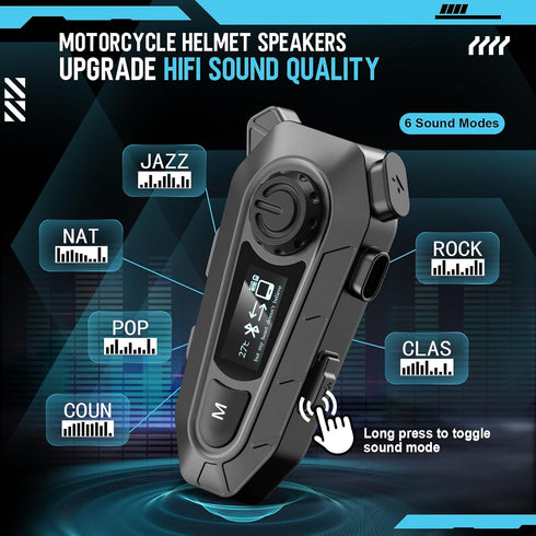 Motorcycle Bluetooth 5.4 Headset with LCD Screen, 2 Mic Helmet Speakers, 48h Music & FM, Waterproof Noise Reduction