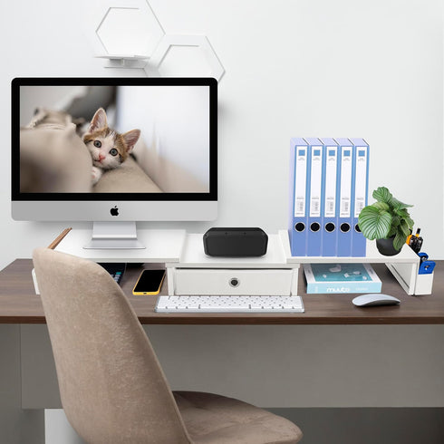 Dual Monitor Stand Riser with Drawer & Metal Leg, Large White Computer Monitor Riser with Storage for 2 Monitors