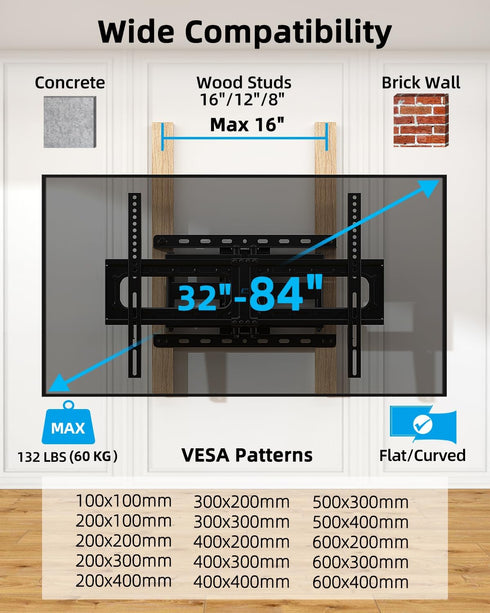 HOME VISION Full Motion TV Wall Mount for 32-84 inch TVs up to 132 lbs, Swivel and Tilt with Dual Articulating Arms