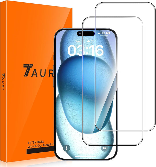 TAURI iPhone 15/15 Pro Screen Protector 2 Pack, 6.1", Tempered Glass, Case Friendly, Dynamic Island Compatible, Sensor