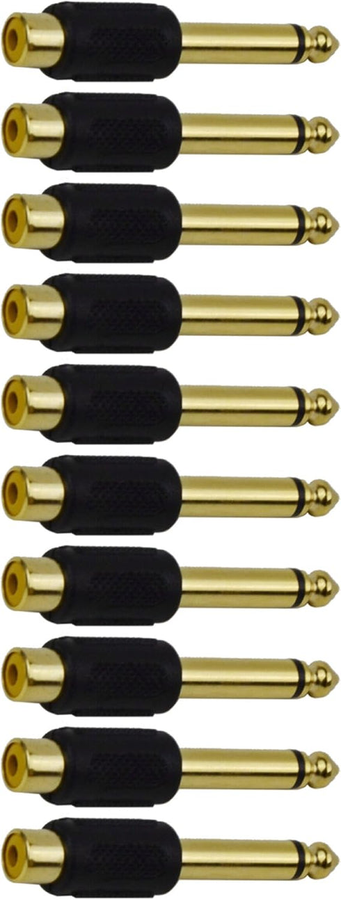 CESS 6.35mm 1/4 Inch TS Plug to RCA Female Jack Audio Adapter, Gold Plated - 10 Pack