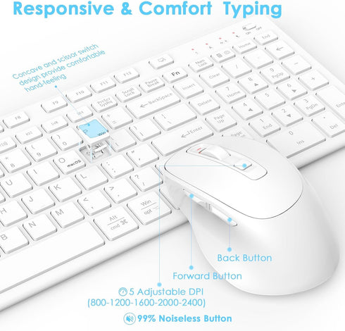 Wireless Keyboard Mouse Combo - USB Type C Rechargeable Slim Silent White Keyboard with Number Pad for Windows & macOS