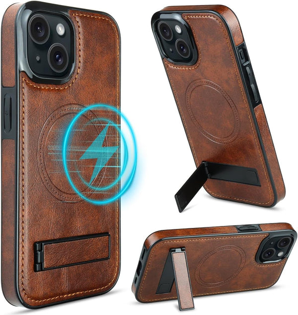 MMHUO iPhone 15 Leather Case, Brown, Ultra Slim Magnetic, Magsafe Compatible, Built-in Stand, Protective Kickstand