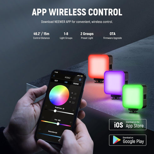 NEEWER RGB62 Magnetic RGB Video Light - Upgraded APP Control, 360° Full Color LED Camera Light with 3 Cold Shoes