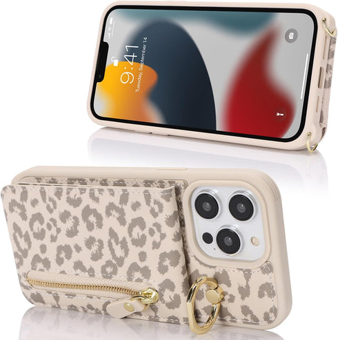 iPhone 13 Pro Max Case Wallet with Card Holder for Women, Crossbody with Strap, Kickstand Zipper Case - Rice Leopard