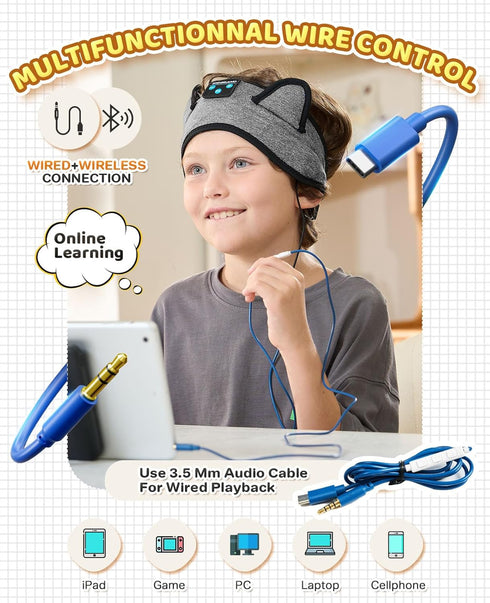 Kids Bluetooth Headphones, Headband Earphones for Children, Wired & Wireless Playback, Travel Accessories with 3.5 MM