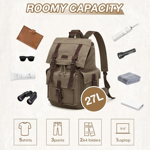 Kattee Men’s Large Leather Canvas Backpack, Army Green Travel Rucksack