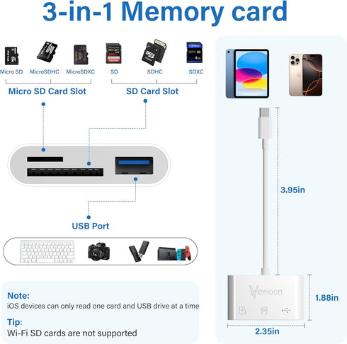 Veeloon 17/16,3-in-1 Adapter,5Gbps OTG SD Card Reader for iPhone Memory Card Reader with USB Camera Trail Game Camera