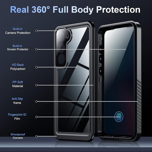 Temdan Samsung Galaxy S23 Case, Waterproof with Built-in Lens & Screen Protector, Full Body Shockproof, Black/Clear