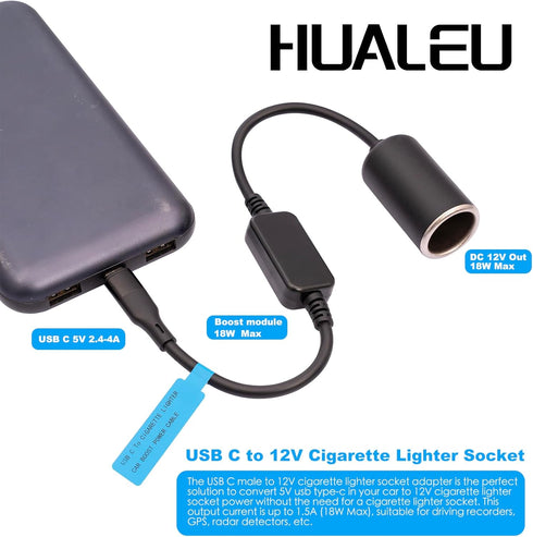 USB C Male to 12V Car Cigarette Lighter Socket Female Converter Cable, 1 Feet, 18W Adapter for Dash Cam, GPS
