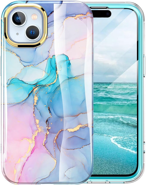 Case for iPhone 15 Case Built with Screen Protector, Lightweight and Stylish Full Body Shockproof Protective Rugged TPU Marble Case for Women/Girls