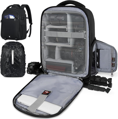 RAINSMORE Camera Backpack for Photographers, DSLR SLR Cases with Waterproof Rain Cover & Laptop Compartment