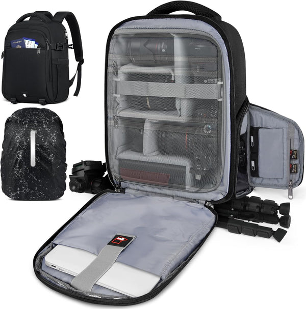 RAINSMORE Camera Backpack for Photographers, DSLR SLR Cases with Waterproof Rain Cover & Laptop Compartment